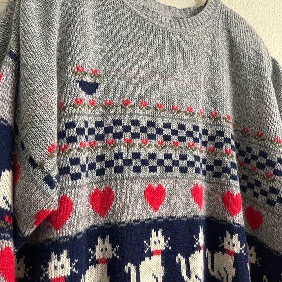 Vintage 80s Cat Sweater Venezia originals Cozy knit Oversize Relaxed Heart XL - Picture 9 of 16